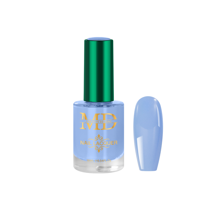 Nail polish bottle with a green cap and gold text on a white background