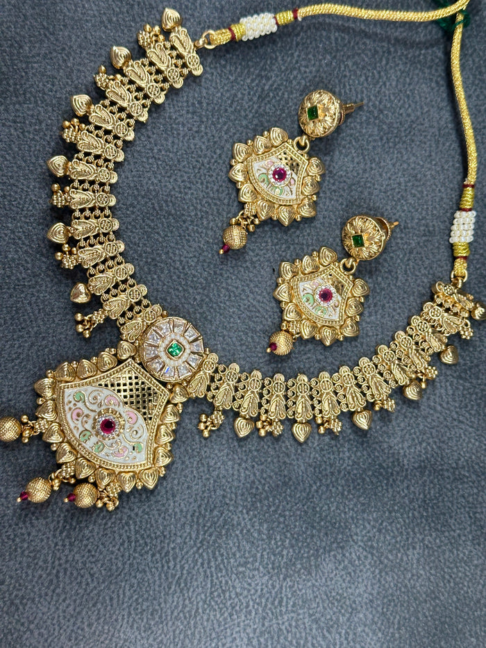 Antique Gold Temple Bridal Double Necklace Set with Haram & Drop Earrings NS00027