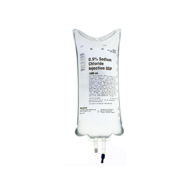 A clear plastic IV bag hangs, containing a colorless liquid. A small tube extends from its bottom.