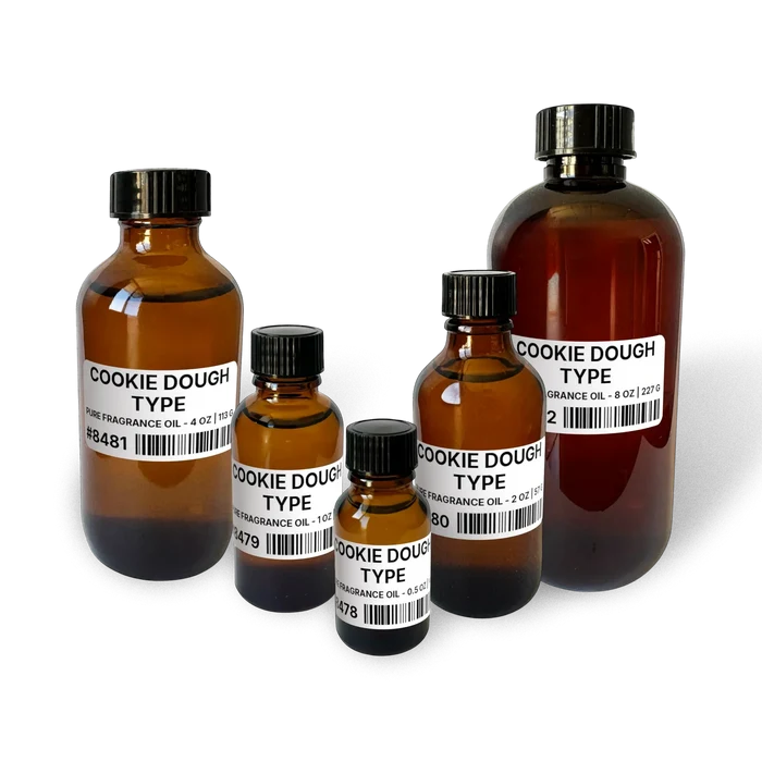 Cookie Dough Type Pure Fragrance Oil - 8 lb | 3.63 kg bottle image for Pure Fragrance Oil 8 lb. Composite bottle lineup showing 0.5 oz, 1 oz, 2 oz, 4 oz, and 8 oz sizes.