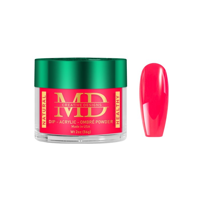 Jar of MD nail powder with a pink nail tip color swatch on a white background