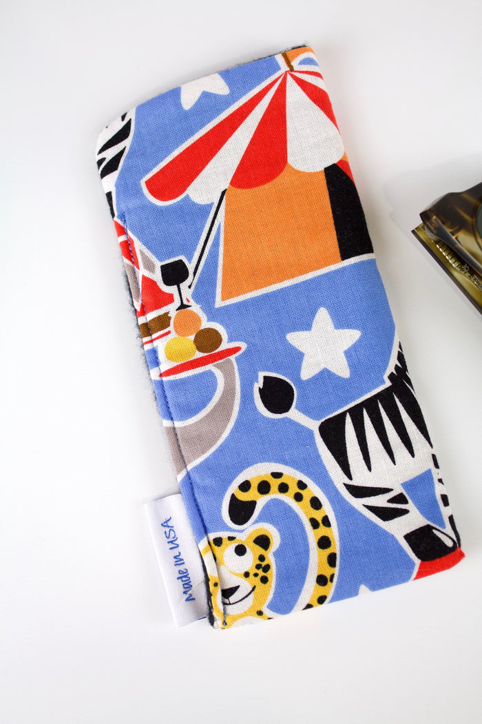 Life's a Circus Glasses Case-The Blue Peony-Animal_Elephant,Animal_Giraffe,Animal_Zebra,Category_Glasses Case,Color_Blue,Color_Orange,Color_Red,Department_Personal Accessory,Theme_Animal