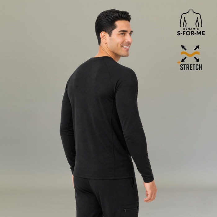 Back view of men's black long sleeve underscrub Super Stretch showing raglan sleeves and flat seams — S-FOR-ME medical base layer