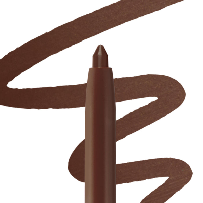 Mocha Latte lip liner tip drawing a rich mocha-brown swatch on a white backdrop, showcasing the creamy, twist-up ColourPop So Juicy Plumping Lip Liner with Peptides for fuller-looking lips.