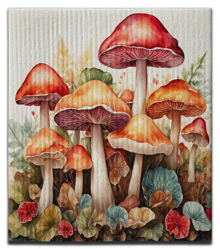 Mushrooms w/Flowers Swedish Dishcloth