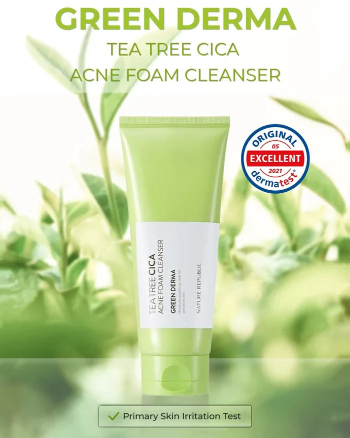 NATURE REPUBLIC Tea Tree Cica Acne Foam Cleanser Green Derma Moisture Soothing Care For Sensitive Skin غسول البشرة الحساسة بالشاي الاخضر والسيكا