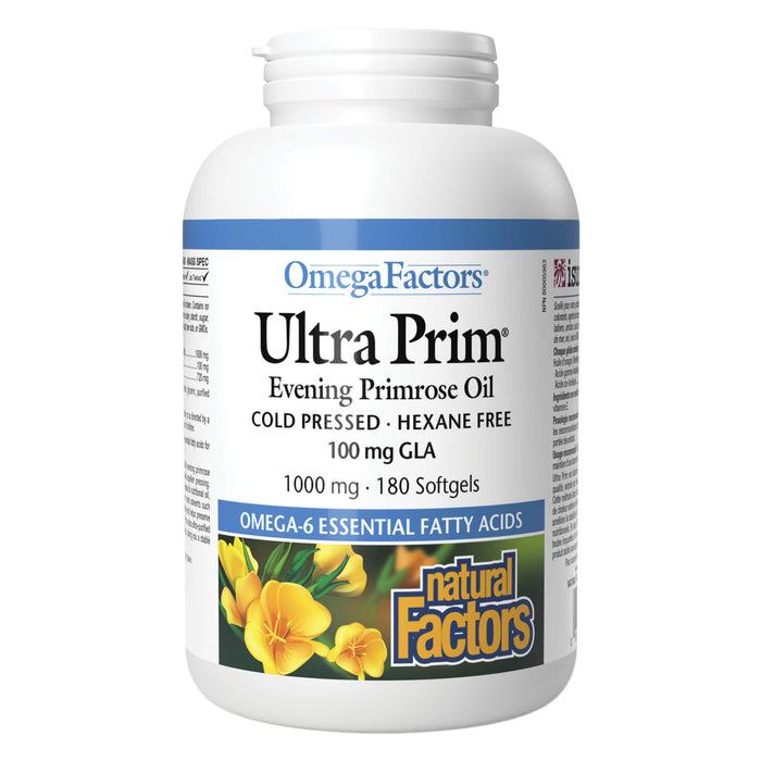 Bottle of Natural Factors OmegaFactors Ultra Prim Evening Primrose Oil 1000 mg 180 Softgels