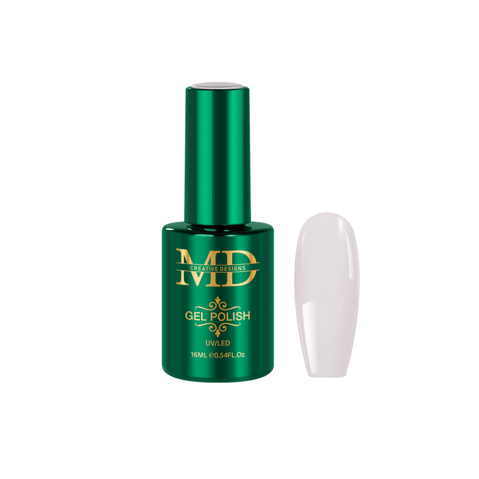 Green gel polish bottle with a white nail tip color swatch on a white background