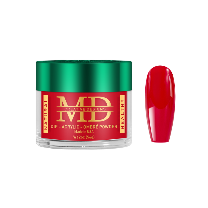 Jar of MD nail powder with a red nail tip next to it on a white background