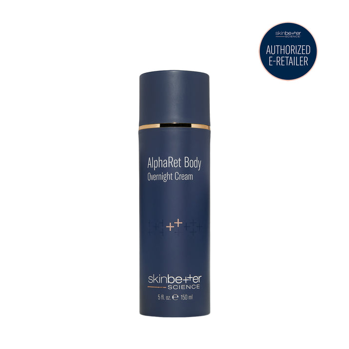 skinbetter AlphaRet Body Overnight Cream bottle, 150 ml, navy with gold accent
