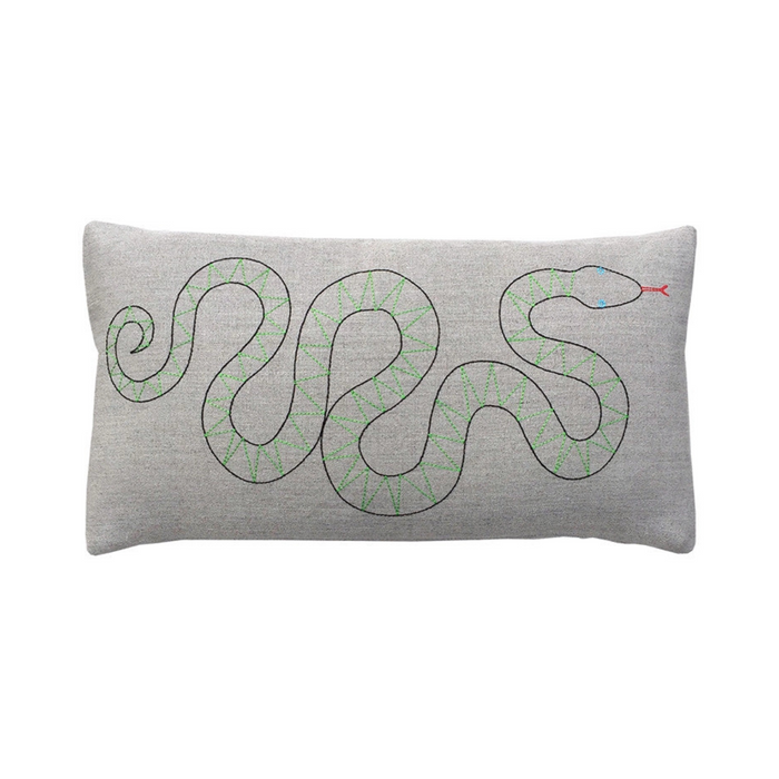 Gray snake embroidery decorative pillow with green and small blue/red accents