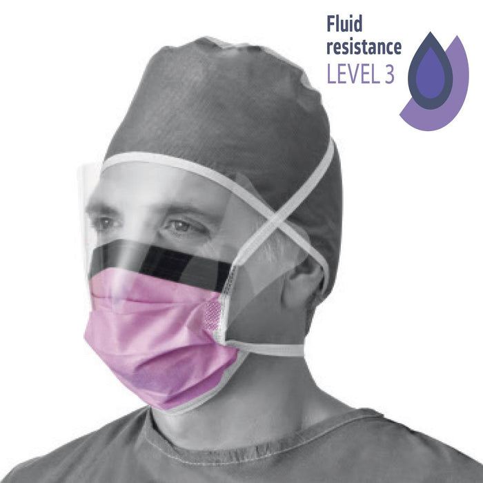 A face mask with a protective face shield is worn by a person. Fluid resistance LEVEL 3.