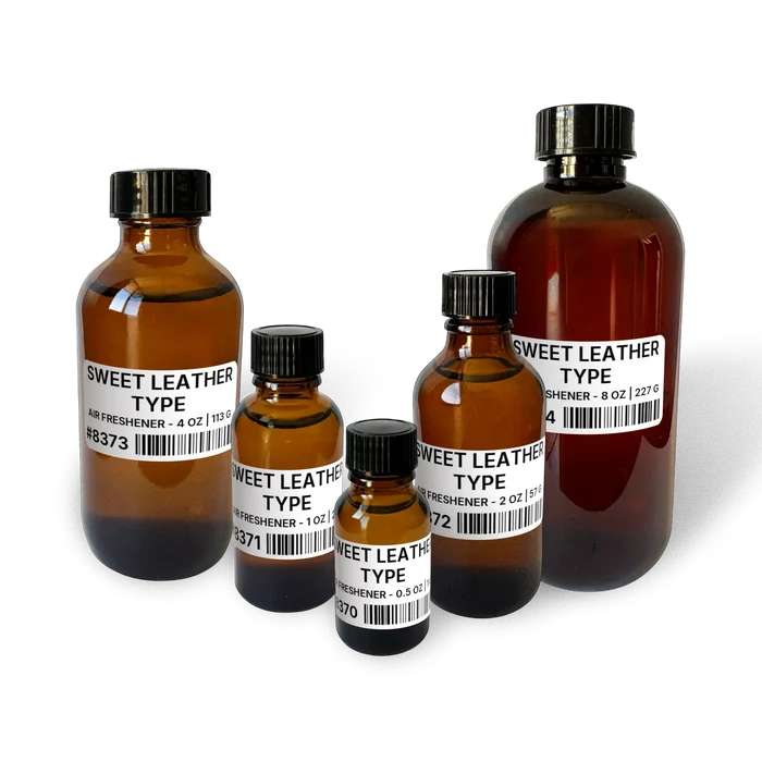 Sweet Leather Type Air Freshener - 1 lb | 454 g bottle image for Air Freshener 1 lb. Composite bottle lineup showing 0.5 oz, 1 oz, 2 oz, 4 oz, and 8 oz sizes.