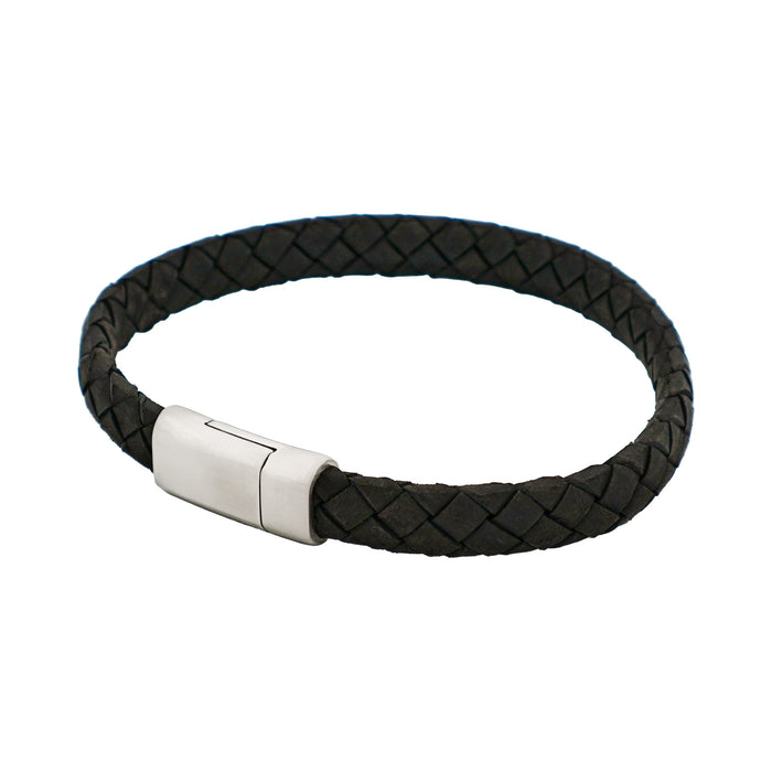 Thin Black Italian Leather & Stainless Steel Bracelet