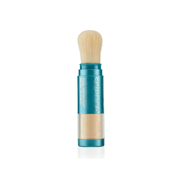 Colorescience brush with blue handle and beige bristles on a white background