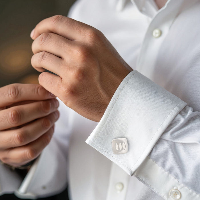 Triple White Enamel Inlays on Rhodium Plated Cushion-Shape Cufflinks