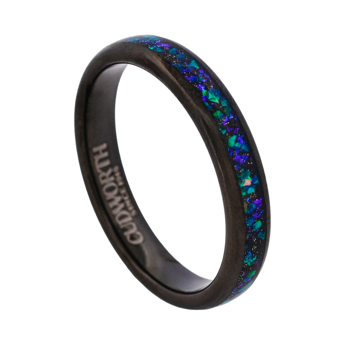 Tungsten Ring, Aurora Streamline - Slim black tungsten ring with shimmering opal inlay