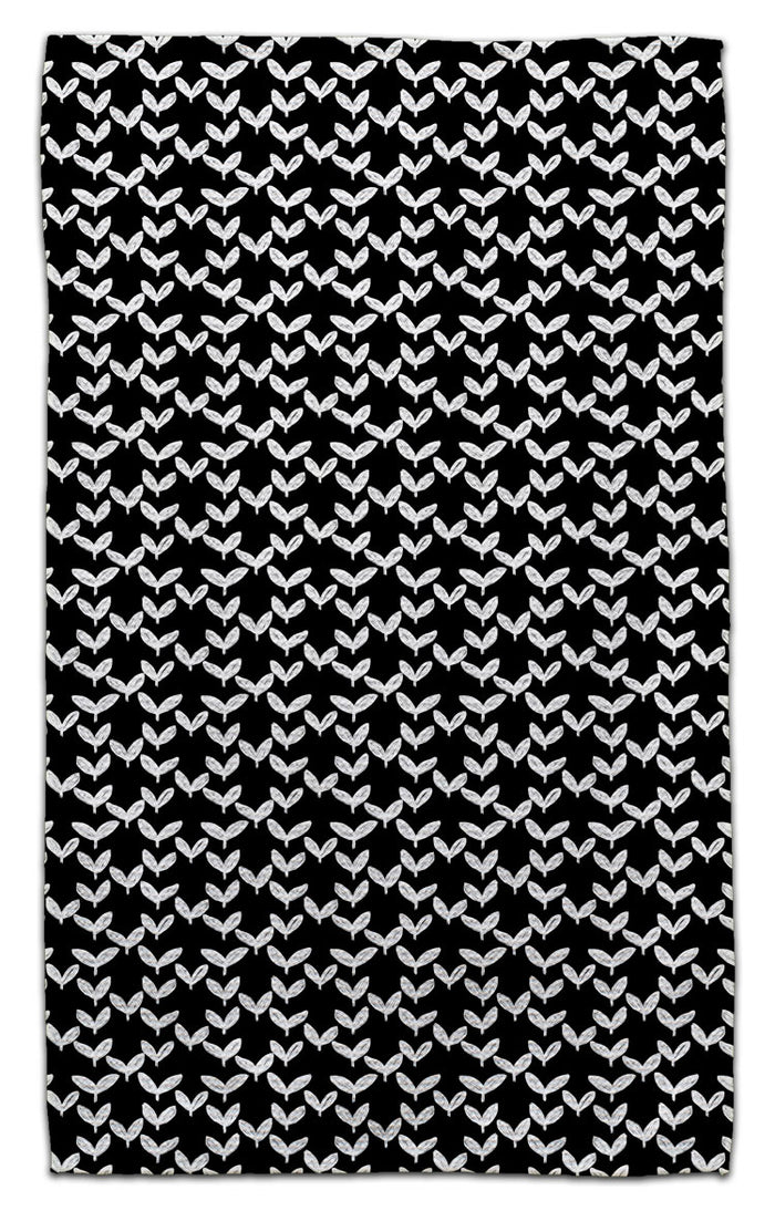 White Leaves on Black Waffle Weave Towel