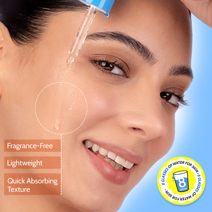 Woman applying skincare product with text highlighting features on a blue background