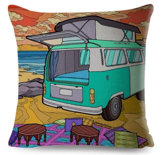 18 inch double sided pillow case, green VW Bus Camper on the beach
