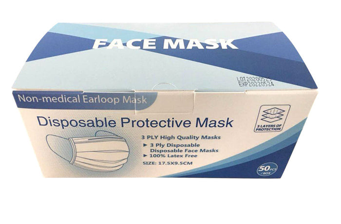 A box of disposable face masks sits on a surface. The box contains 50 masks and indicates they are 3-ply, non-medical, latex-free, and 17.5x9.5cm. LOT 202002; EXP 20220524.