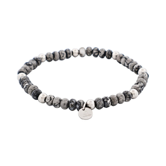 6mm Grey Jasper Stone Beads & Stainless Steel Bracelet