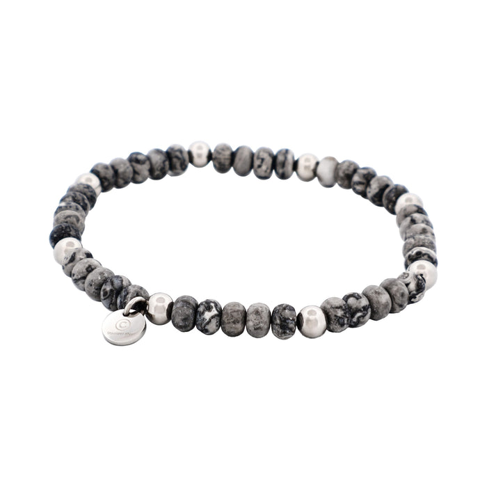 6mm Grey Jasper Stone Beads & Stainless Steel Bracelet