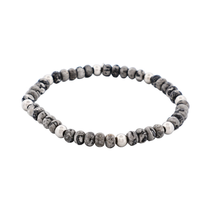 6mm Grey Jasper Stone Beads & Stainless Steel Bracelet