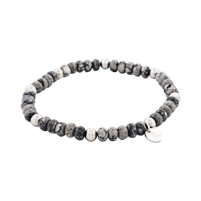 6mm Grey Jasper Stone Beads & Stainless Steel Bracelet