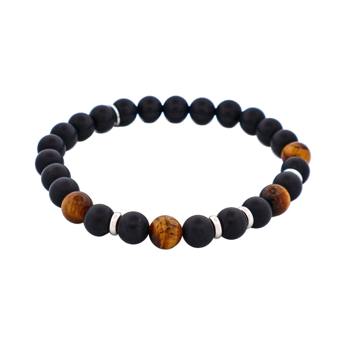 6mm Tiger Eye & Black Agate Bead Bracelet with Stainless Steel Discs