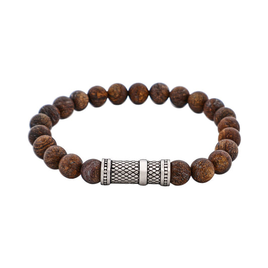 8mm Bronzite Stone Bracelet with Ion Plated Black Lattice Pattern Stainless Steel