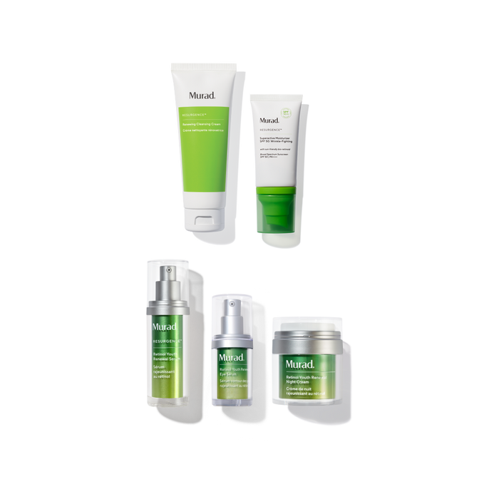 Five Murad skincare products arranged on a white background: two tall tubes at the top, two smaller bottles with silver pumps at the bottom left, and one jar at the bottom right. The products are primarily white with bright green labels and some silver packaging.