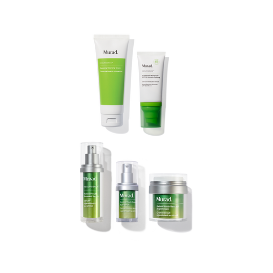 Five Murad skincare products arranged on a white background: two tall tubes at the top, two smaller bottles with silver pumps at the bottom left, and one jar at the bottom right. The products are primarily white with bright green labels and some silver packaging.