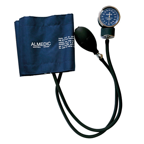 A sphygmomanometer lies on a white background; its cuff is deflated. Instructions are printed on the cuff.