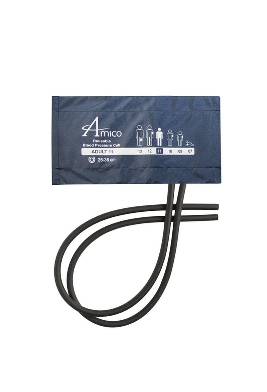 A dark-blue reusable blood pressure cuff, labeled "Amico Adult 11," with size markings, rests on a white background; two black tubes extend from it.