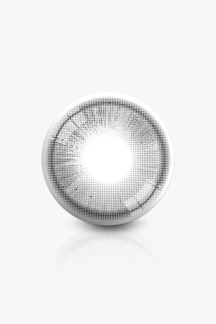 Close up detailed view of the Ann365 Anreen Ash Grey Color Contact Lens design showing dots and a radial pattern by EyeCandys