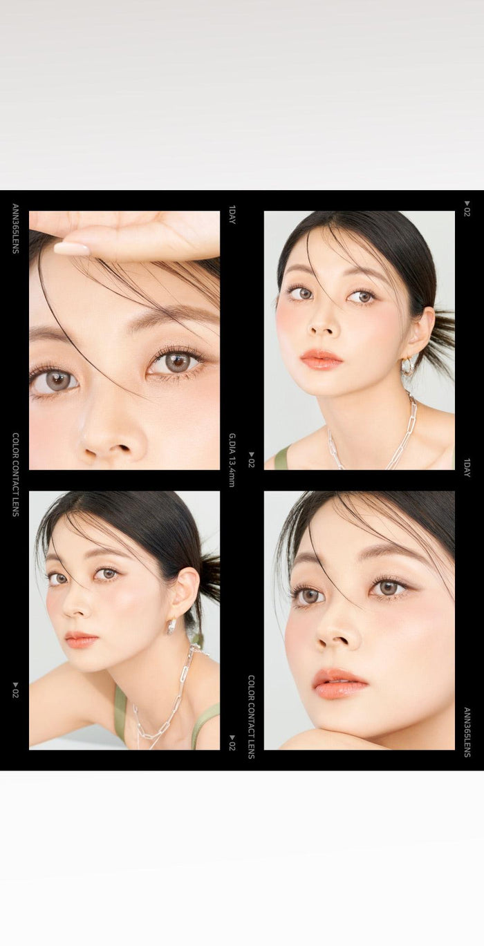 A close-up of a model demonstrating a natural makeup look with Ann365 Photogenic 1-Day Taupe Grey (10pk) circle colour contacts, highlighting how well the contact lenses blend with her dark eyes.
