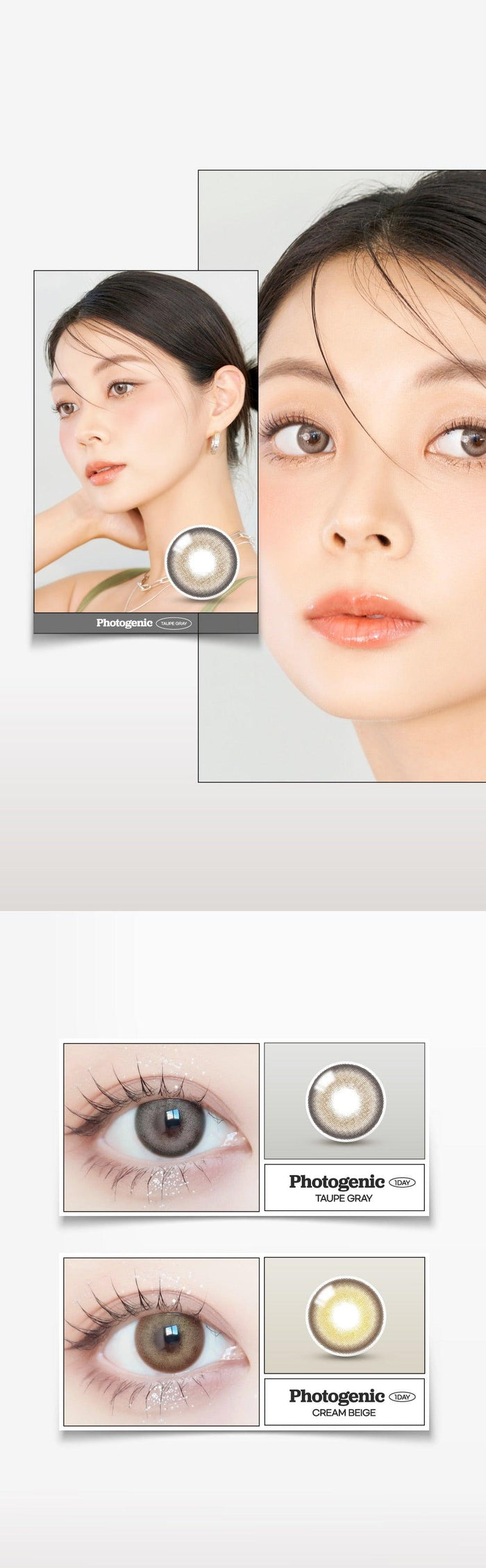 A close-up of a model demonstrating a natural makeup look with Ann365 Photogenic 1-Day Taupe Grey (10pk) circle colour contacts, highlighting how well the contact lenses blend with her dark eyes.