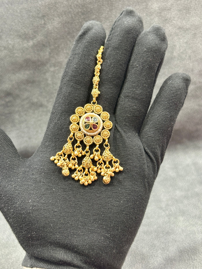 Antique Gold Bridal Choker Set with Jhumka Earrings & Maang Tikka NS00031