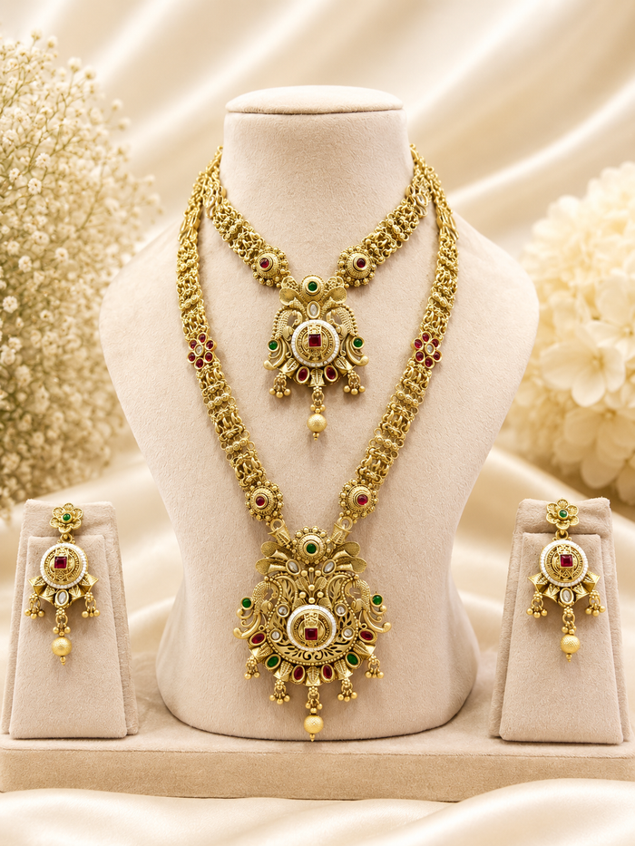 Antique Gold Elephant Motif Bridal Double Necklace Set with Haram & Earrings NS00026