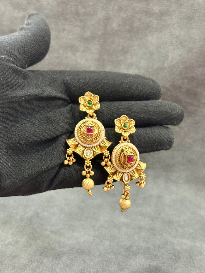 Antique Gold Elephant Motif Bridal Double Necklace Set with Haram & Earrings NS00026