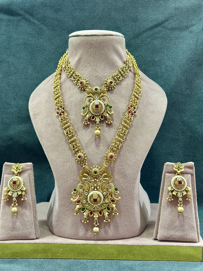 Antique Gold Elephant Motif Bridal Double Necklace Set with Haram & Earrings NS00026