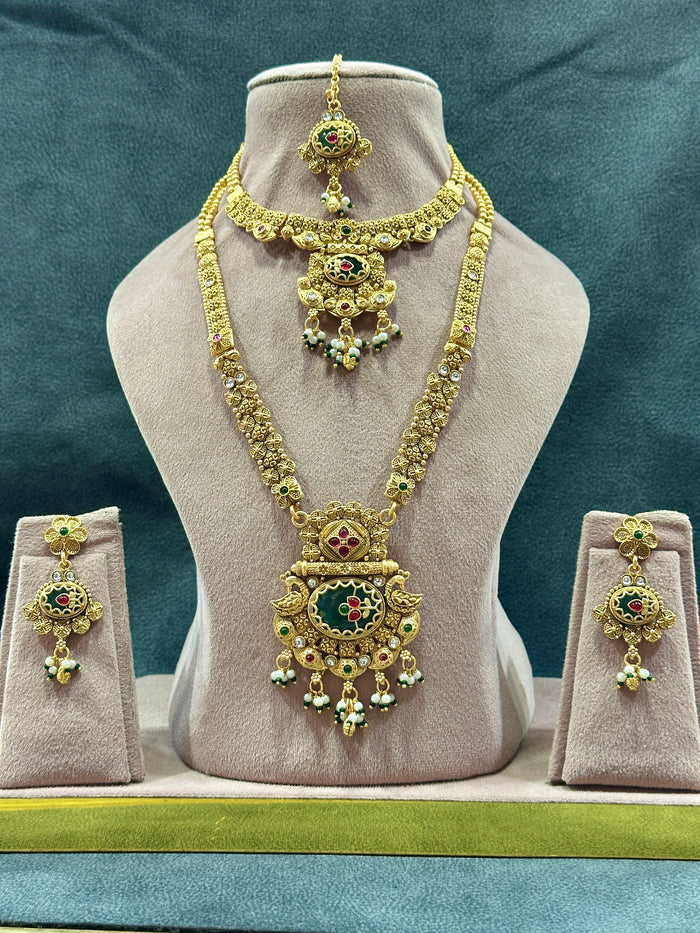 Antique Gold Emerald Bridal Double Necklace Set with Maang Tikka & Earrings NS00025