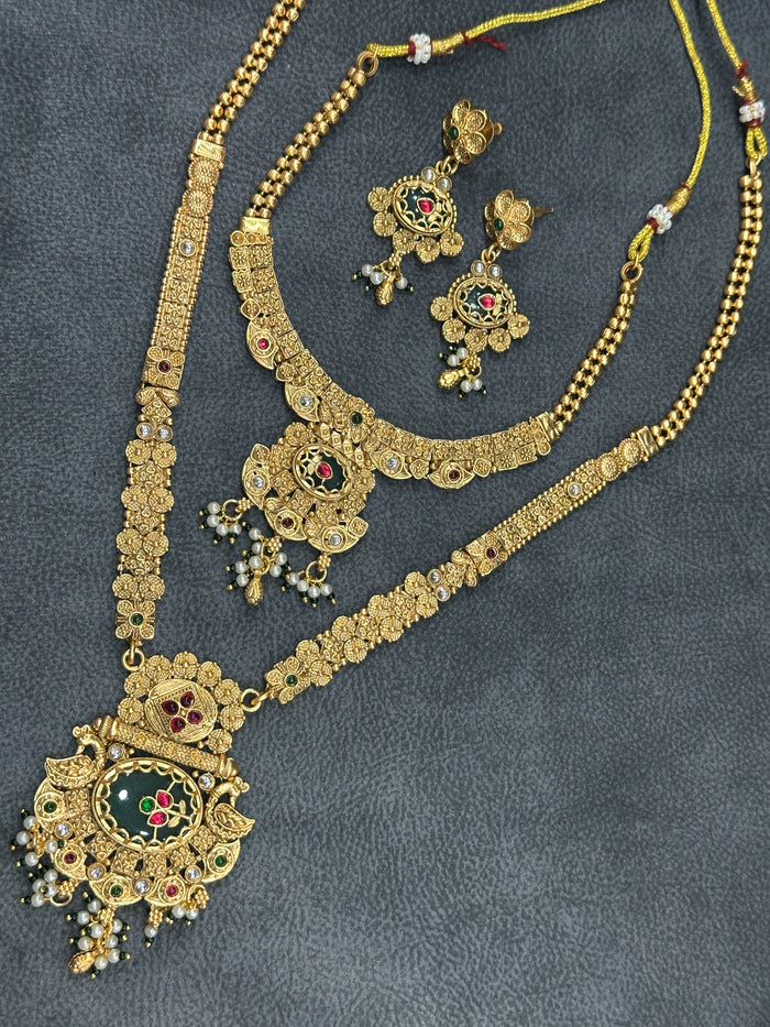 Antique Gold Emerald Bridal Double Necklace Set with Maang Tikka & Earrings NS00025
