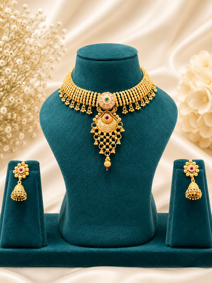 Antique Gold Meenakari Choker Necklace Set with Jhumka Earrings NS00029