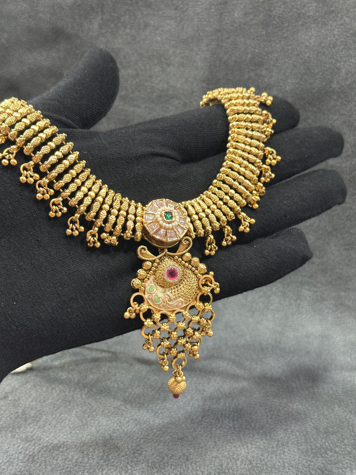 Antique Gold Meenakari Choker Necklace Set with Jhumka Earrings NS00029