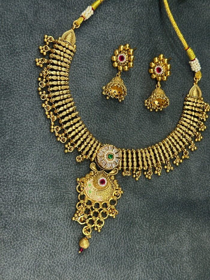 Antique Gold Meenakari Choker Necklace Set with Jhumka Earrings NS00029