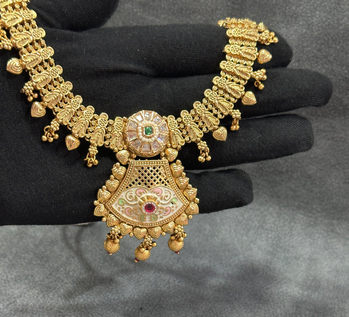 Antique Gold Temple Bridal Double Necklace Set with Haram & Drop Earrings NS00027