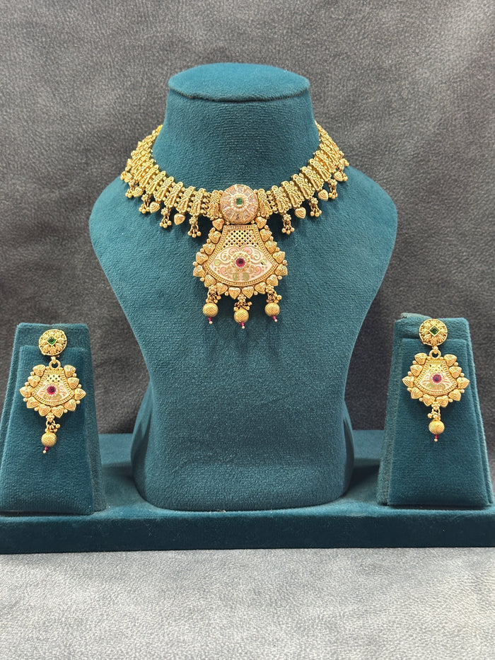 Antique Gold Temple Bridal Double Necklace Set with Haram & Drop Earrings NS00027