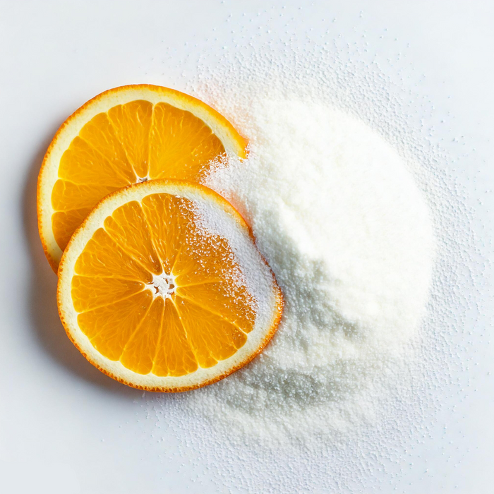 L-Ascorbic Acid Vitamin C displayed as a fine white powder for skincare and cosmetic formulations